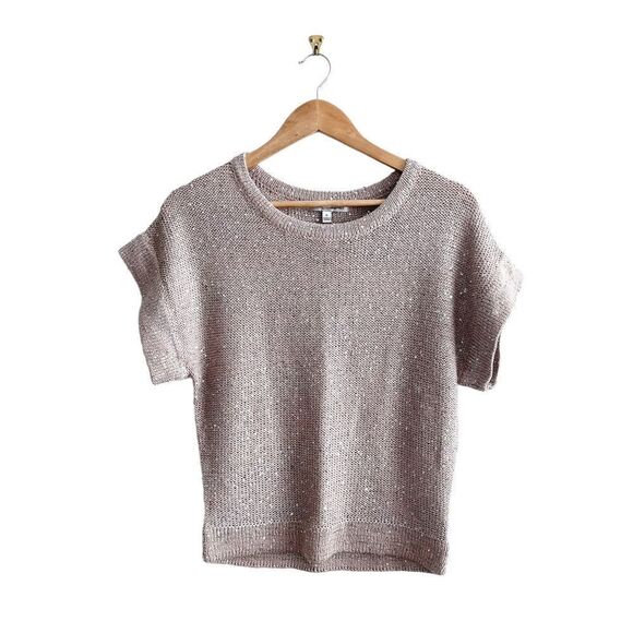 WD.NY Sweater Light Pink Blush Silver Sequin Open Knit Short Sleeve Women's M - Picture 1 of 7